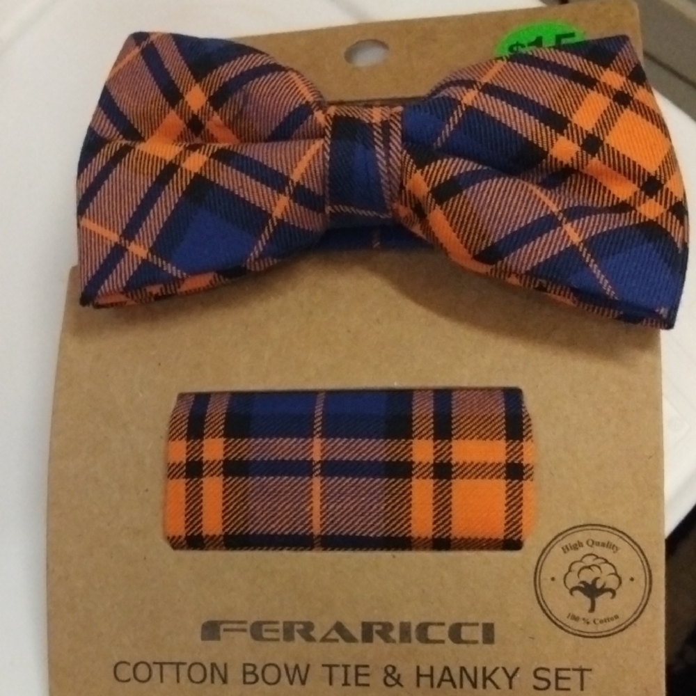 Feraricci Orange and Blue Plaid Bow Tie and Hanky Set